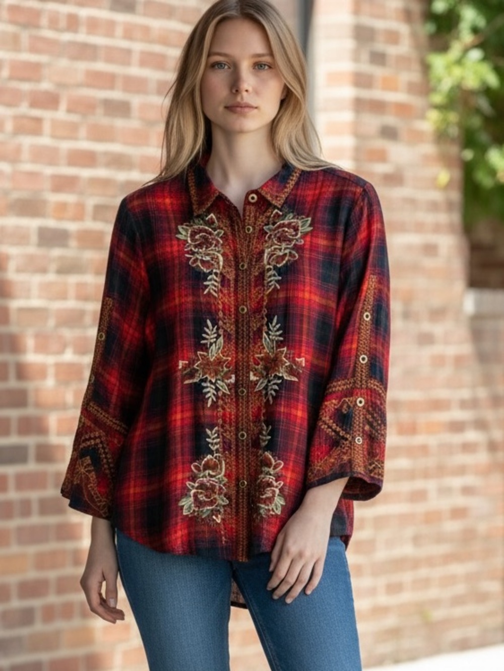 Tru Luxe Jeans Red Plaid Embroidered Boho Button-Down Shirt. Size Small. NWT